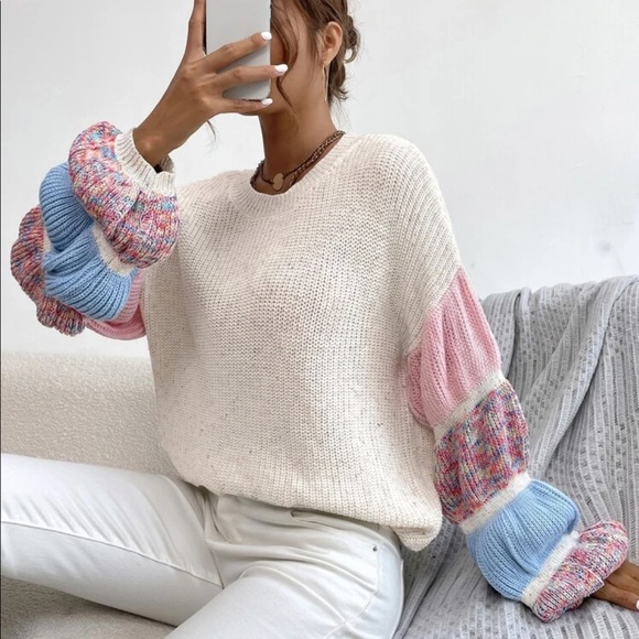 Sweater rainbow pink gathered sleeve puff lantern sleeve ruched blue cream - Picture 7 of 9